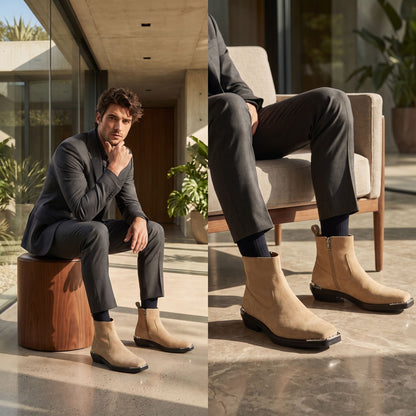 FORCIANO FERRANTE Elevator Boots in light brown shown worn with a dark suit in a two-panel seated formal lifestyle setting.