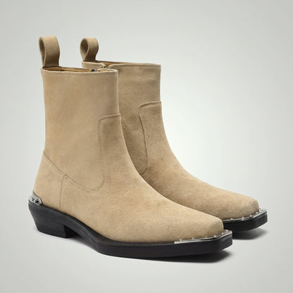 FORCIANO FERRANTE Elevator Boots in light brown, shown as a pair from the front three-quarter angle with smooth microfiber uppers and metallic toe detailing.
