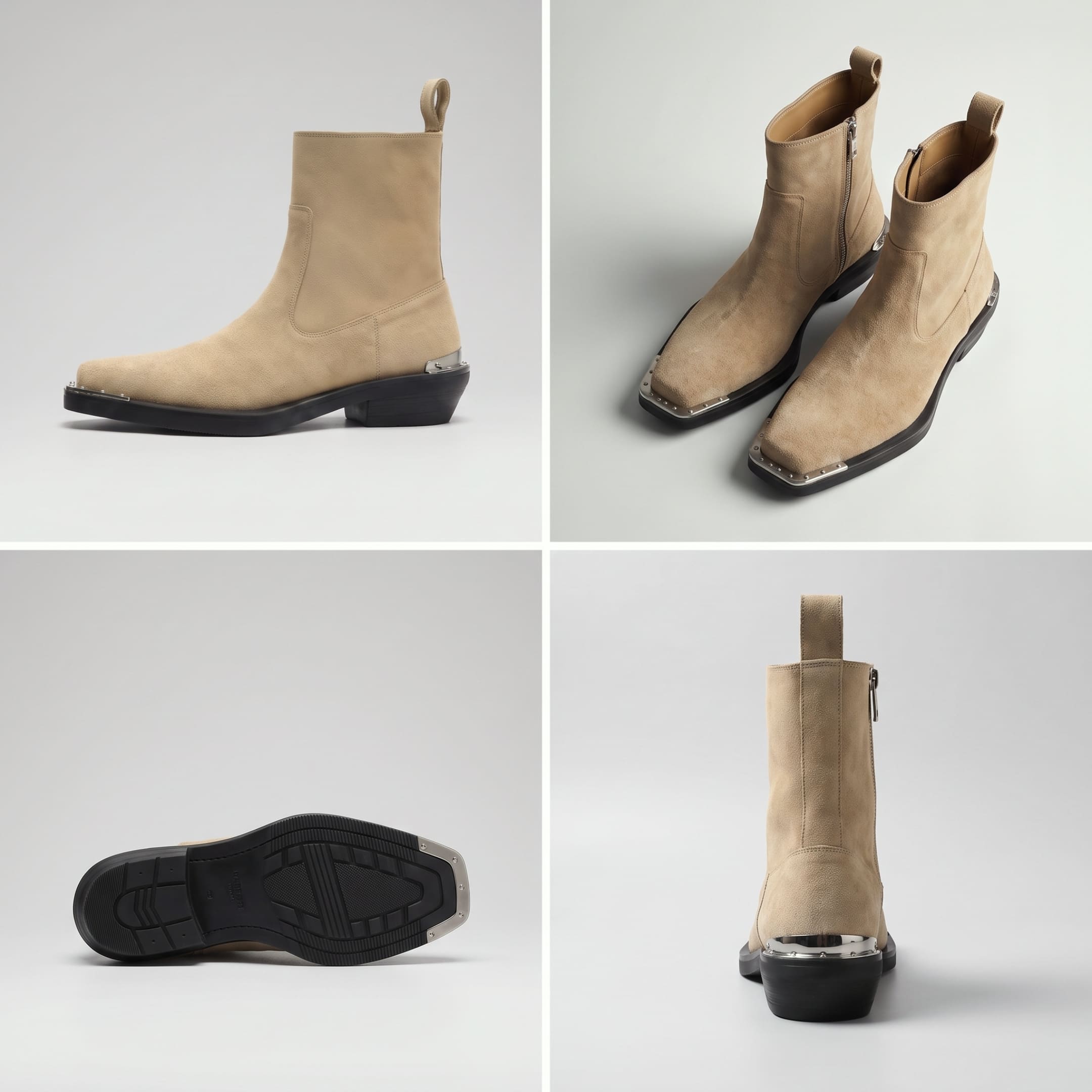 FORCIANO FERRANTE Elevator Boots in light brown shown in a multi-view collage with side profile, pair angle, outsole, and rear views.