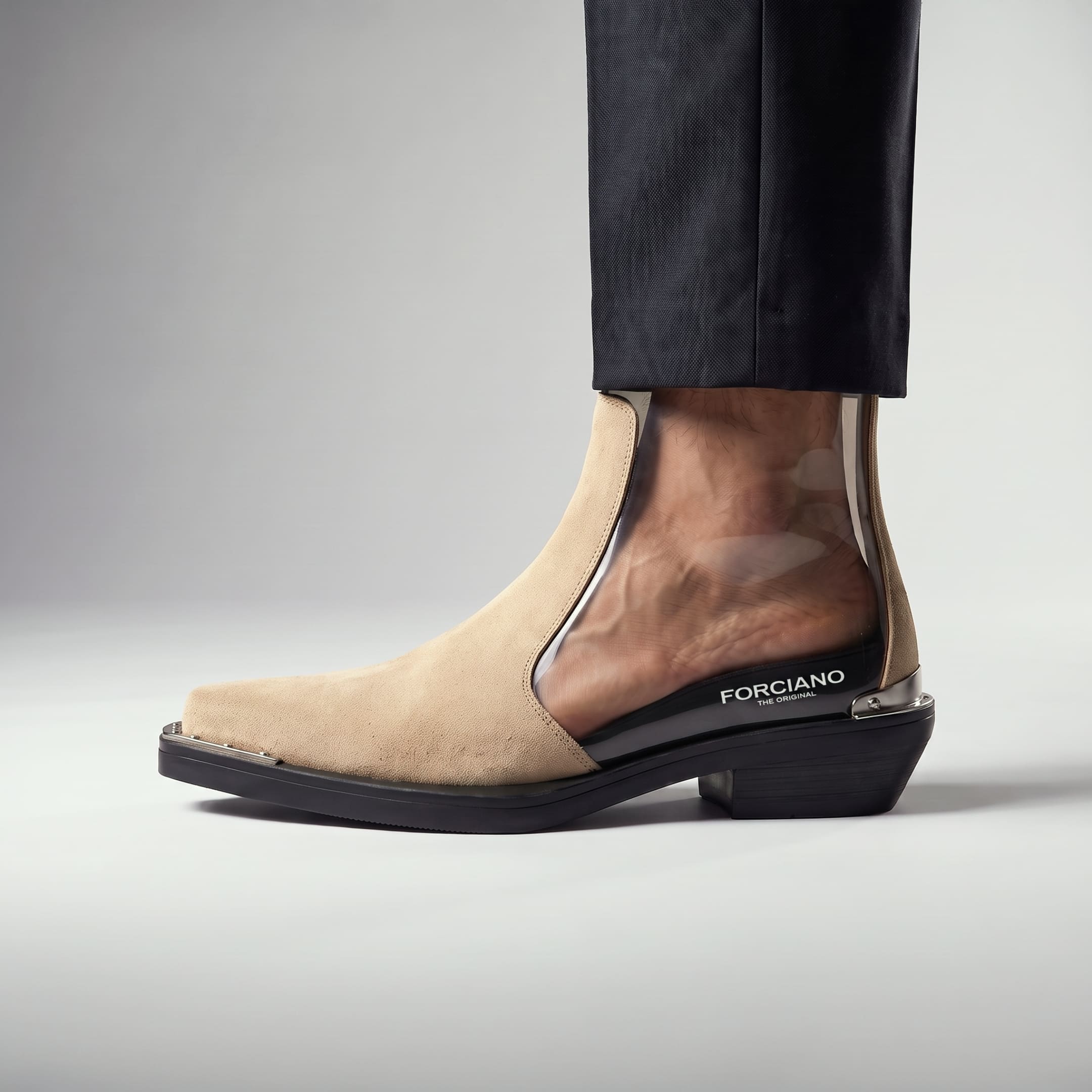 FORCIANO FERRANTE Elevator Boots in light brown shown worn on foot with a transparent side cutaway visualizing the internal lift position.