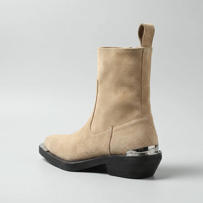 FORCIANO FERRANTE Elevator Boots in light brown, shown from a rear three-quarter angle with a smooth microfiber upper, pull tab, raised heel, and metallic heel trim.