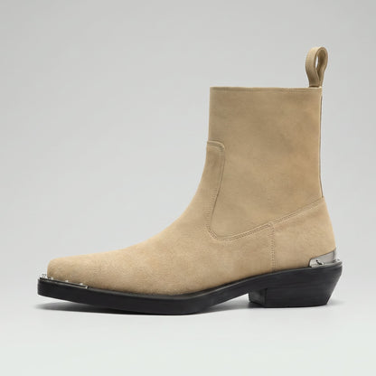 FORCIANO FERRANTE Elevator Boots in light brown, shown in a full side profile with a smooth microfiber upper, square toe, pull tab, and metallic trim.