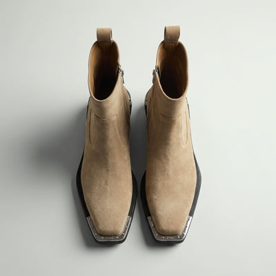 FORCIANO FERRANTE Elevator Boots in light brown, shown as a pair from a top-front view with smooth microfiber uppers, square toes, and metallic toe trim.