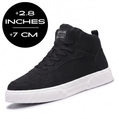 FORCIANO FERRARO black height increasing sneakers with white sole shown from a front three-quarter angle with a 7 cm / 2.8 inches height graphic.