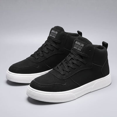 FORCIANO FERRARO black height increasing sneakers shown as a pair from an angled front view with black laces and contrasting white soles.