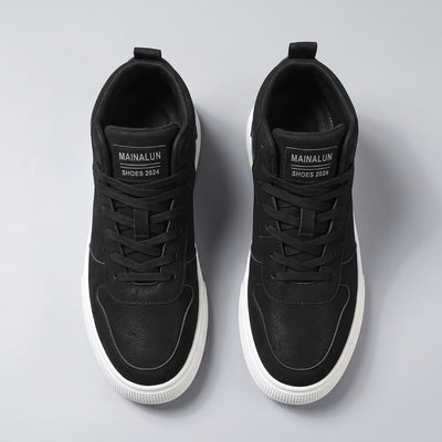 FORCIANO FERRARO black high-top height increasing sneakers displayed in a top view showing the pair's black laces, tongues and toe sections.