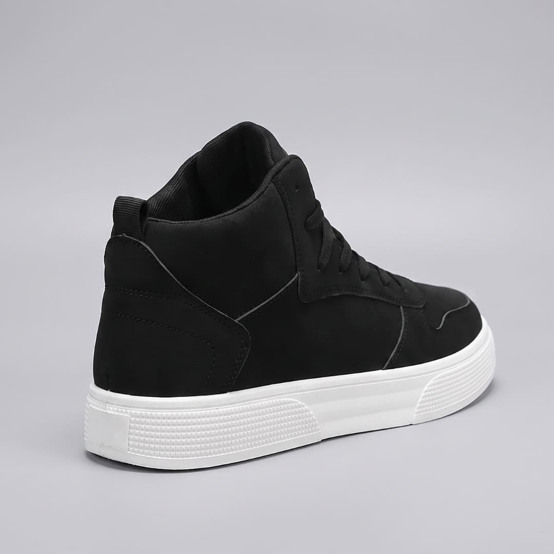 FORCIANO FERRARO black high-top height increasing sneakers in a rear three-quarter view showing the heel construction and contrasting white sole.