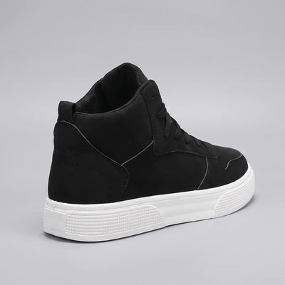 FORCIANO FERRARO black high-top height increasing sneakers in a rear three-quarter view showing the heel construction and contrasting white sole.