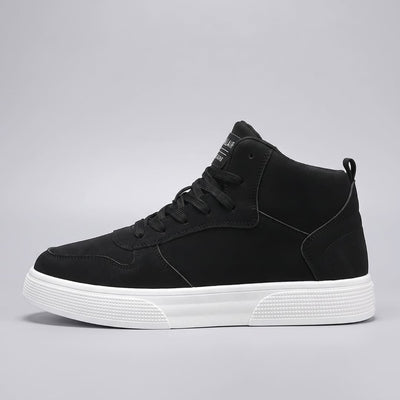 FORCIANO FERRARO black high-top height increasing sneakers with contrasting white sole shown from the side.