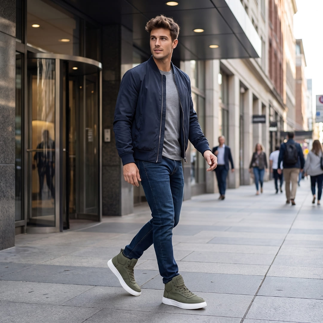 FORCIANO FERRARO green height increasing sneakers with white soles worn by a model walking in a city lifestyle setting.