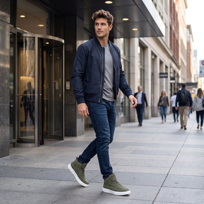 FORCIANO FERRARO green height increasing sneakers with white soles worn by a model walking in a city lifestyle setting.