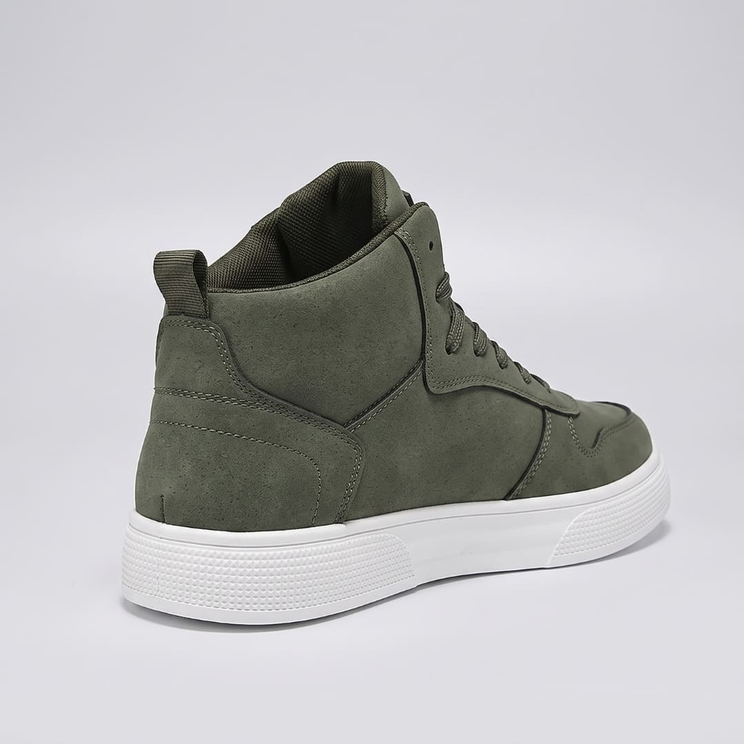 FORCIANO FERRARO green height increasing sneakers shown from the rear three-quarter angle with high-top collar, heel pull tab and white sole.