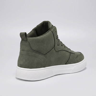 FORCIANO FERRARO green height increasing sneakers shown from the rear three-quarter angle with high-top collar, heel pull tab and white sole.