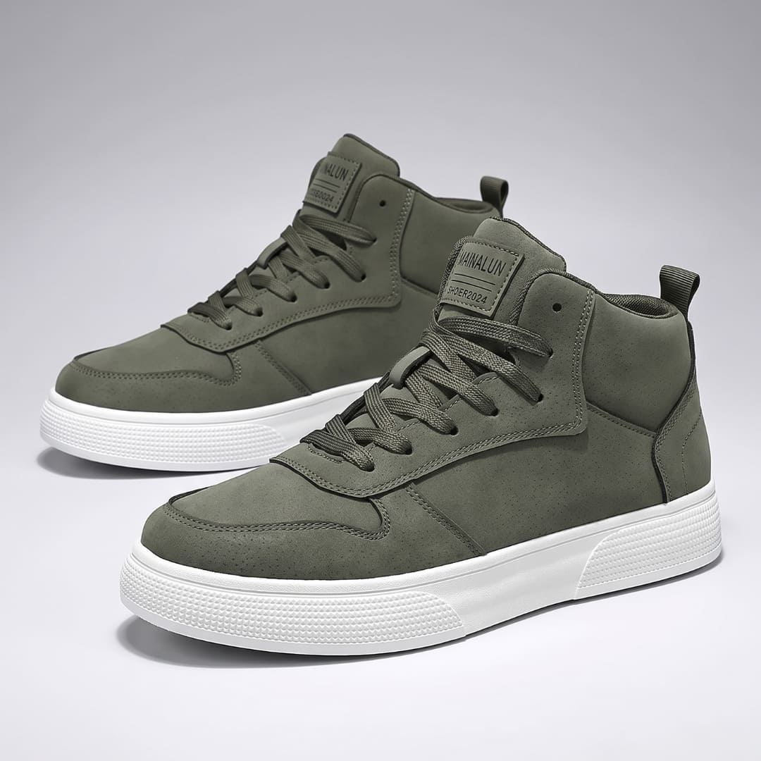 FORCIANO FERRARO green high-top height increasing sneakers displayed as a pair from a front three-quarter product angle with white soles.