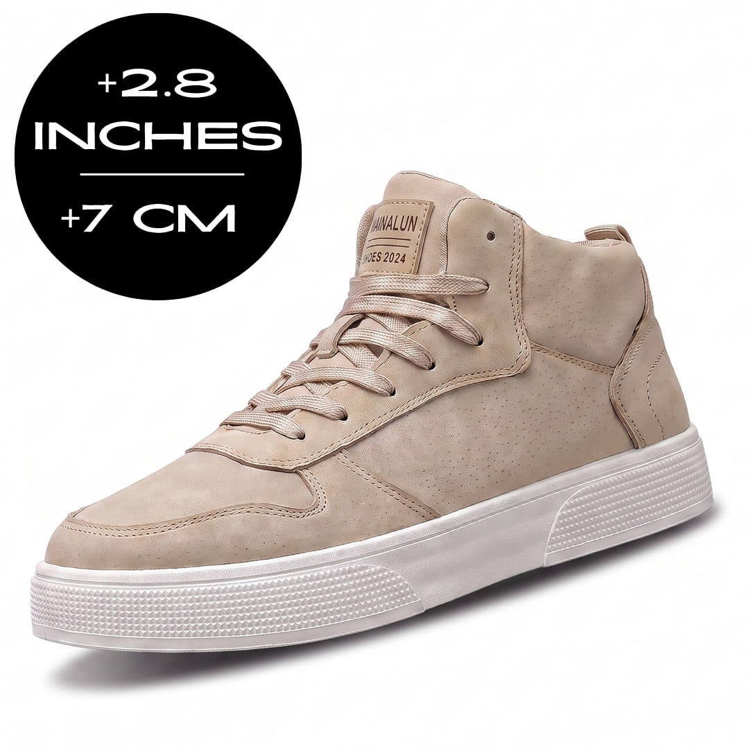FORCIANO FERRARO khaki height increasing sneakers shown from a front three-quarter angle with a graphic indicating 7 cm / 2.8 inches added height.
