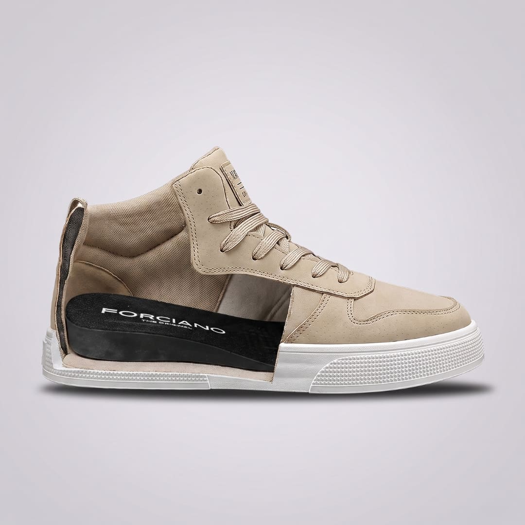 FORCIANO FERRARO khaki height increasing sneakers shown in side cutaway view, revealing the internal lift for the confirmed 7 cm / 2.8 inches height increase.