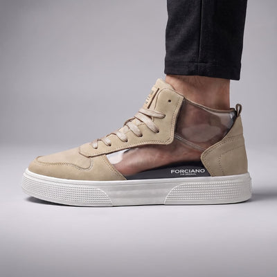 FORCIANO FERRARO khaki height increasing sneakers shown on foot in a side cutaway view revealing the internal lift for 7 cm / 2.8 inches added height.