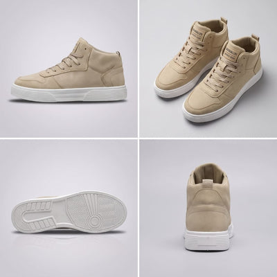 FORCIANO FERRARO khaki height increasing sneakers shown in a multi-view collage with side profile, pair angle, outsole and rear views.