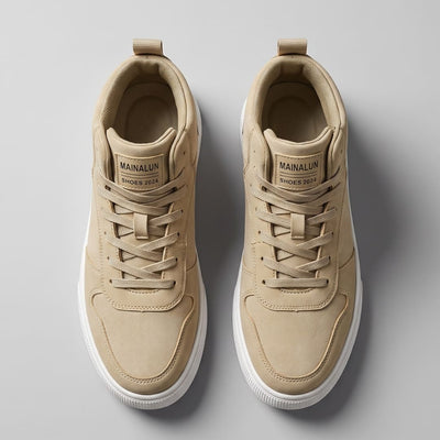 FORCIANO FERRARO khaki height increasing sneakers shown as a pair from above, displaying the lacing, padded collars and toe panels.