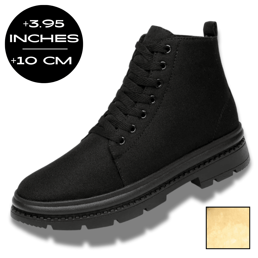 FORCIANO FORTITUDE black elevator boots shown from a front three-quarter angle with visible fur lining and a 10 cm / 3.95" height increase graphic.