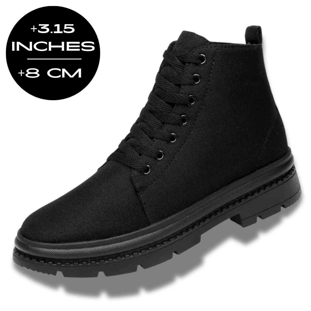 FORCIANO FORTITUDE black elevator boots shown from a front three-quarter angle with an 8 cm / 3.15" height increase graphic.