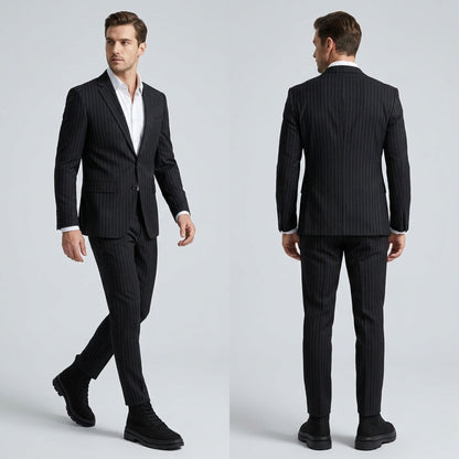 FORCIANO FORTITUDE black elevator boots worn by a male model with a black pinstripe suit, shown in front and rear lifestyle views.