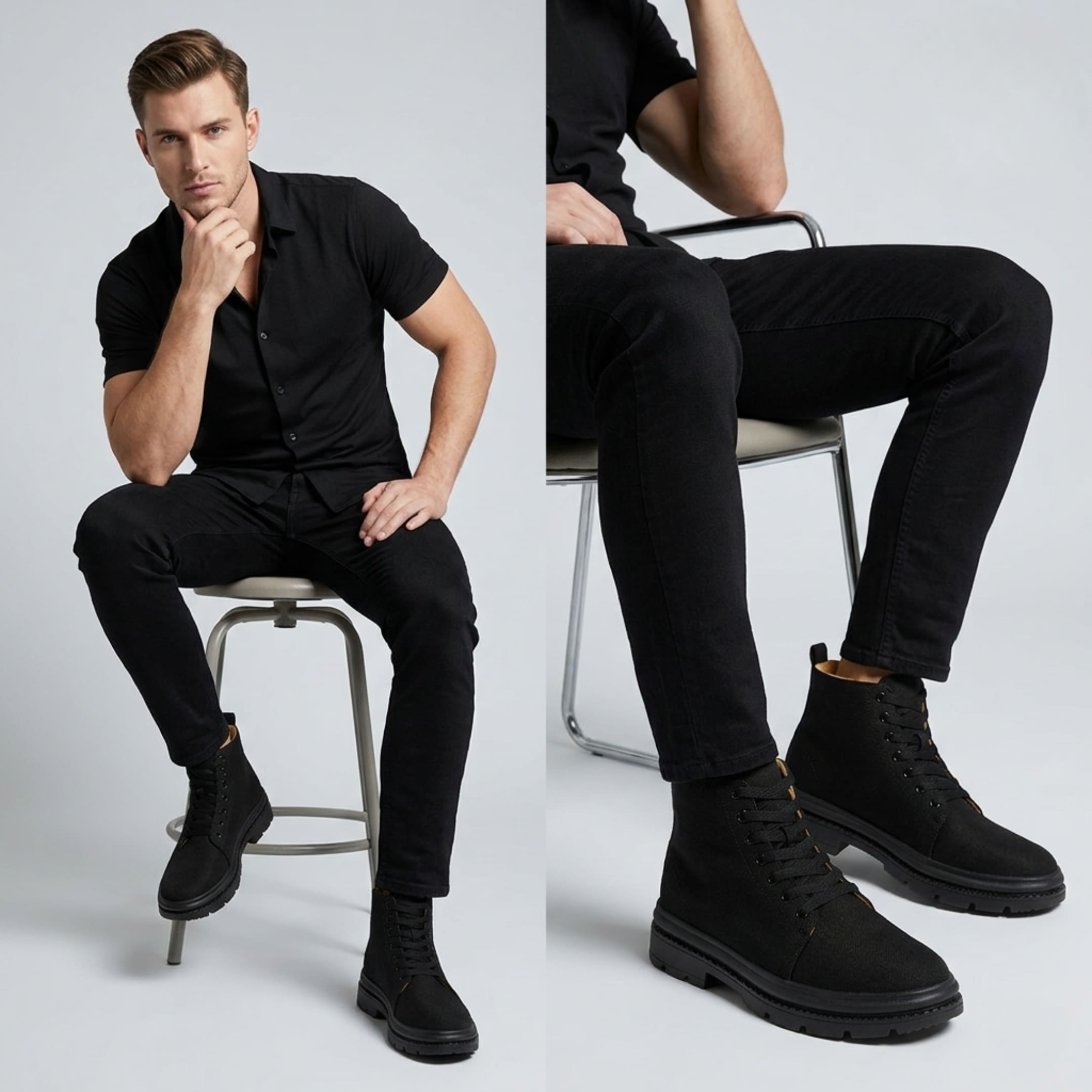 FORCIANO FORTITUDE black elevator boots worn by a seated male model in a monochrome black lifestyle outfit.