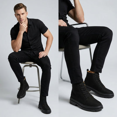 FORCIANO FORTITUDE black elevator boots worn by a seated male model in a monochrome black lifestyle outfit.