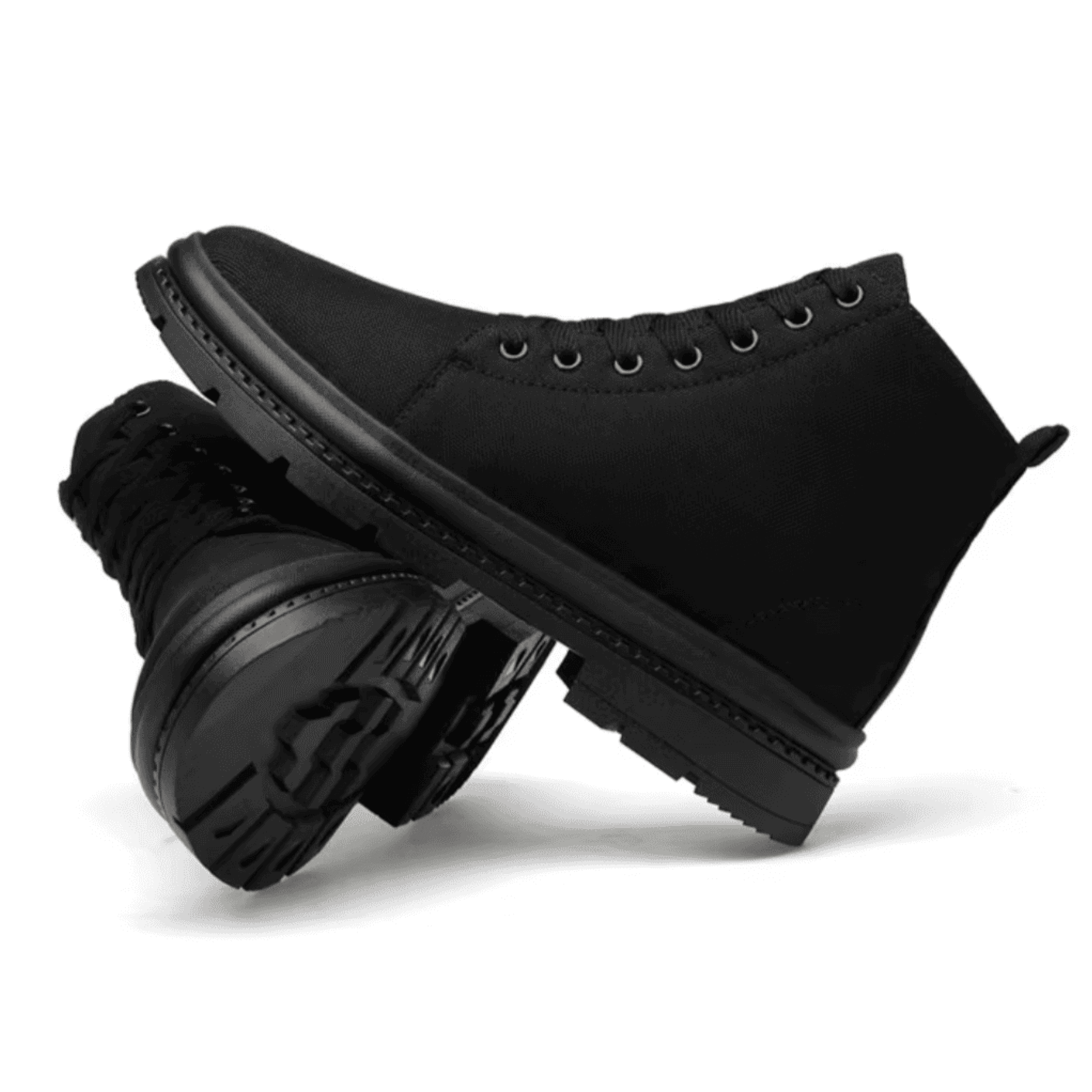 Pair of FORCIANO FORTITUDE black elevator boots arranged in side views, showing the lace-up design and black lug soles.