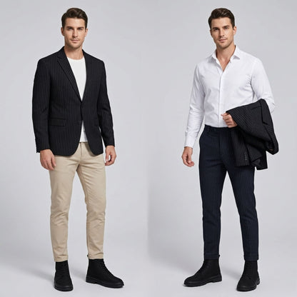 FORCIANO FORTITUDE black elevator boots styled with smart-casual and formal outfits on male models.