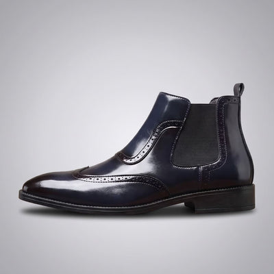 FORCIANO FORTRESS blue Elevator Boots shown from the side with elastic panel, pull tab and decorative perforated detailing.