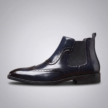 FORCIANO FORTRESS blue Elevator Boots shown from the side with elastic panel, pull tab and decorative perforated detailing.