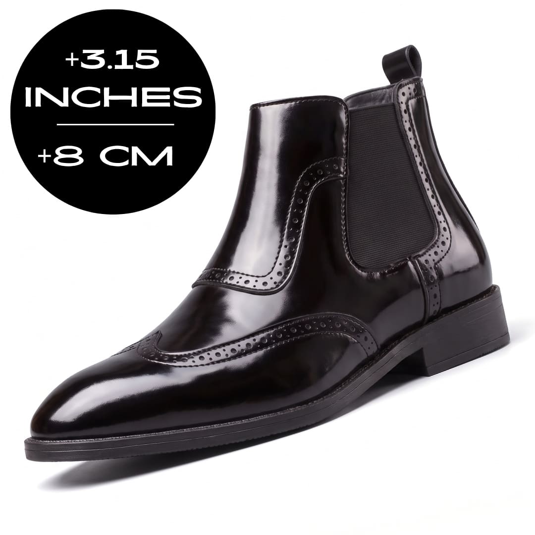 Black FORCIANO FORTRESS Elevator Boots with leather upper shown beside a 3.15 inches / 8 cm height graphic