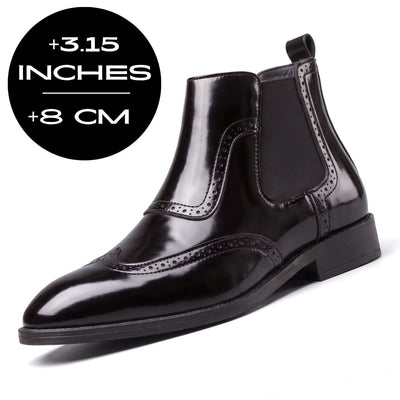Black FORCIANO FORTRESS Elevator Boots with leather upper shown beside a 3.15 inches / 8 cm height graphic