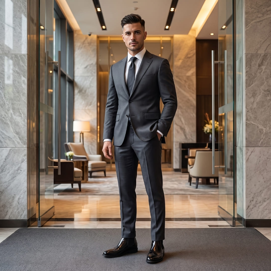 Black FORCIANO FORTRESS Elevator Boots worn with a dark suit in a formal indoor lifestyle setting
