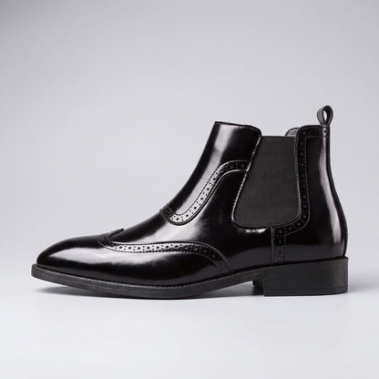 Black FORCIANO FORTRESS Elevator Boots in side profile showing the leather upper and elastic side panel
