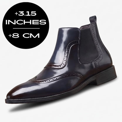Blue FORCIANO FORTRESS Elevator Boots showing the 3.15 inches / 8 cm height graphic and leather upper