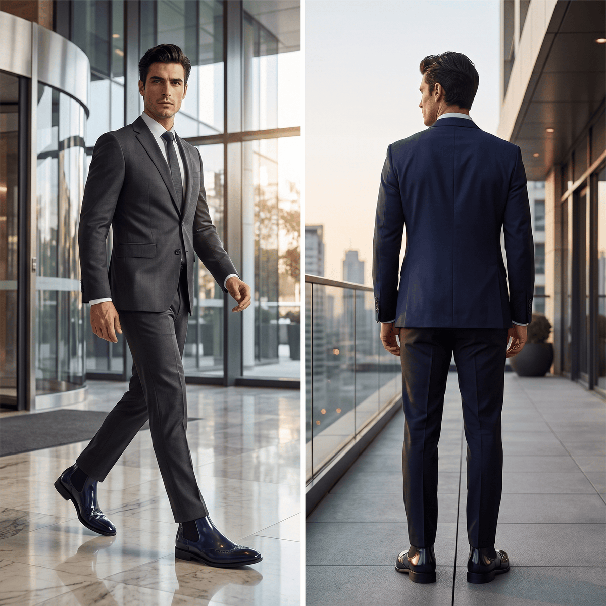 Blue FORCIANO FORTRESS Elevator Boots worn with a suit in front and rear formal lifestyle views
