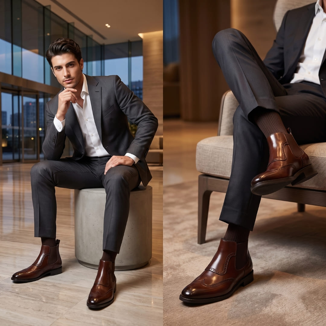 Dark brown FORCIANO FORTRESS Elevator Boots worn with a dark suit in seated formal lifestyle views