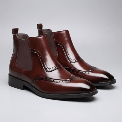 Pair of dark brown FORCIANO FORTRESS Elevator Boots shown from a front three-quarter angle