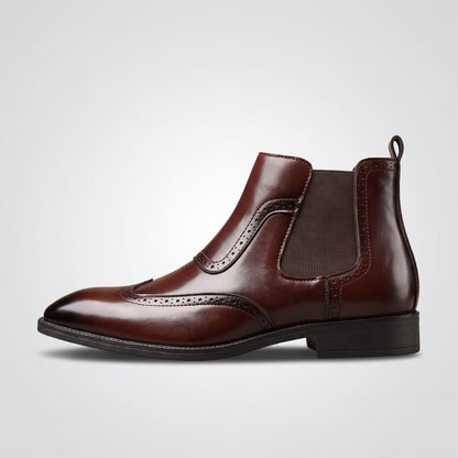 Side profile of dark brown FORCIANO FORTRESS Elevator Boots with leather upper and elastic side panel