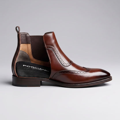 Light brown FORCIANO FORTRESS Elevator Boots shown in side profile with a cutaway view of the leather upper and interior