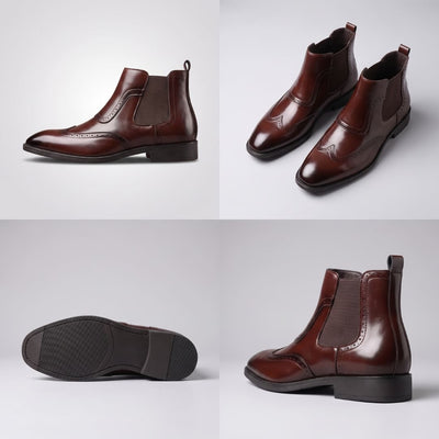 Multi-view collage of light brown FORCIANO FORTRESS Elevator Boots showing side, pair, outsole, and rear angles
