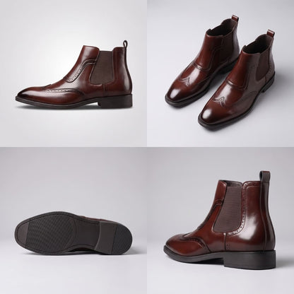 Multi-view collage of light brown FORCIANO FORTRESS Elevator Boots showing side, pair, outsole, and rear angles