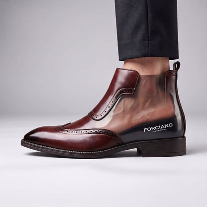 Light brown FORCIANO FORTRESS Elevator Boots worn with trousers in a side-profile product view