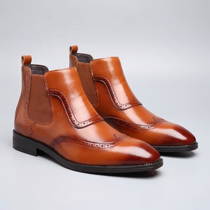 FORCIANO FORTRESS light brown Elevator Boots shown as a pair from the front three-quarter angle with elastic side panels.