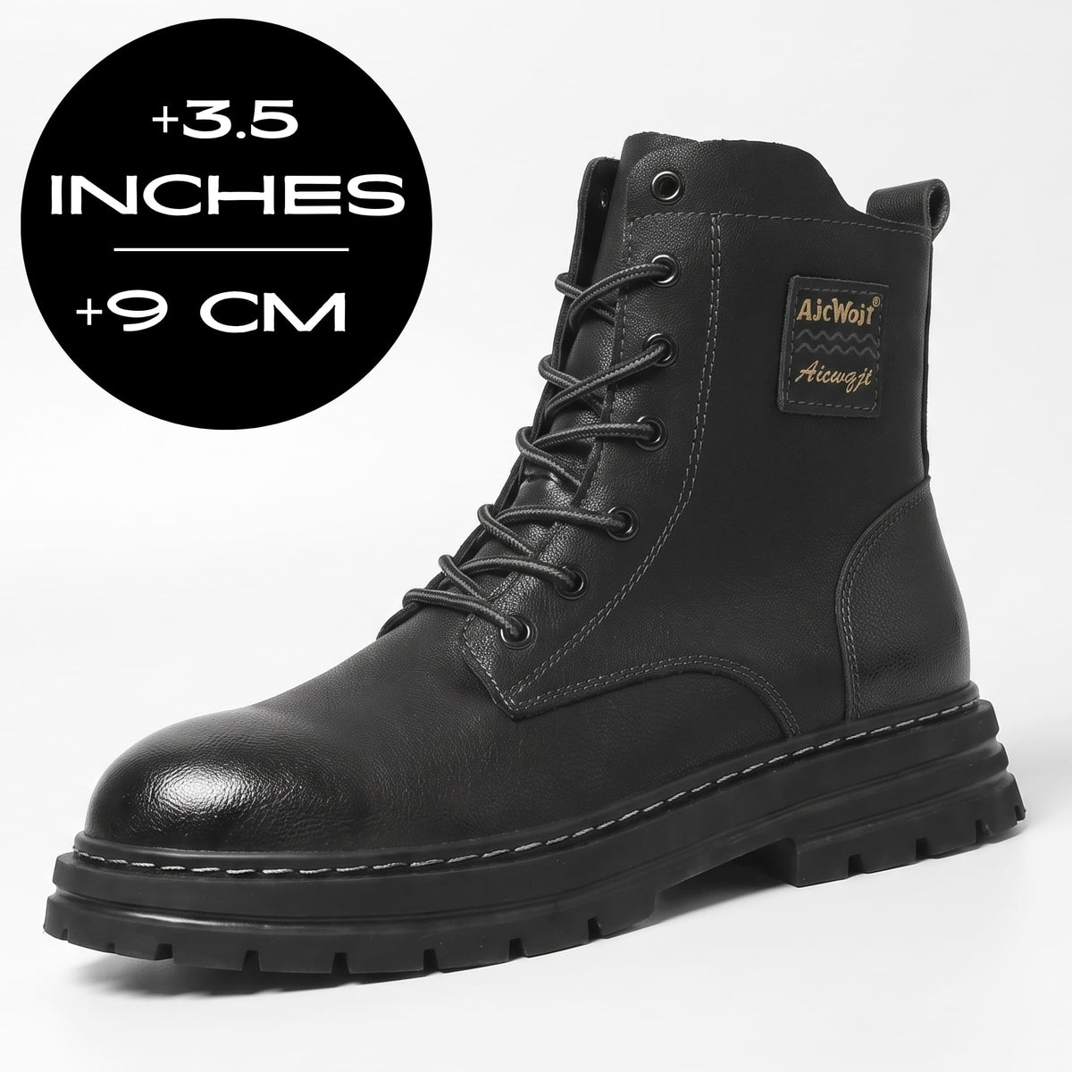 FORCIANO FRONTLINE Boots That Make You Taller in black premium leather shown at a front three-quarter angle with a 9 cm / 3.6" height graphic.