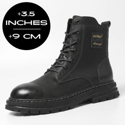 FORCIANO FRONTLINE Boots That Make You Taller in black premium leather shown at a front three-quarter angle with a 9 cm / 3.6" height graphic.