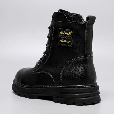 FORCIANO FRONTLINE Boots That Make You Taller in black premium leather shown from the rear three-quarter angle with heel, pull tab and side profile visible.