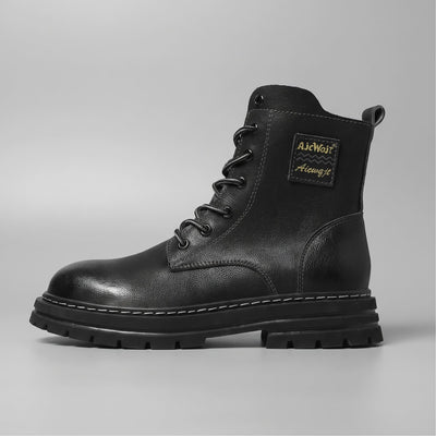 FORCIANO FRONTLINE Boots That Make You Taller in black premium leather shown in a full side profile with lace-up detailing.